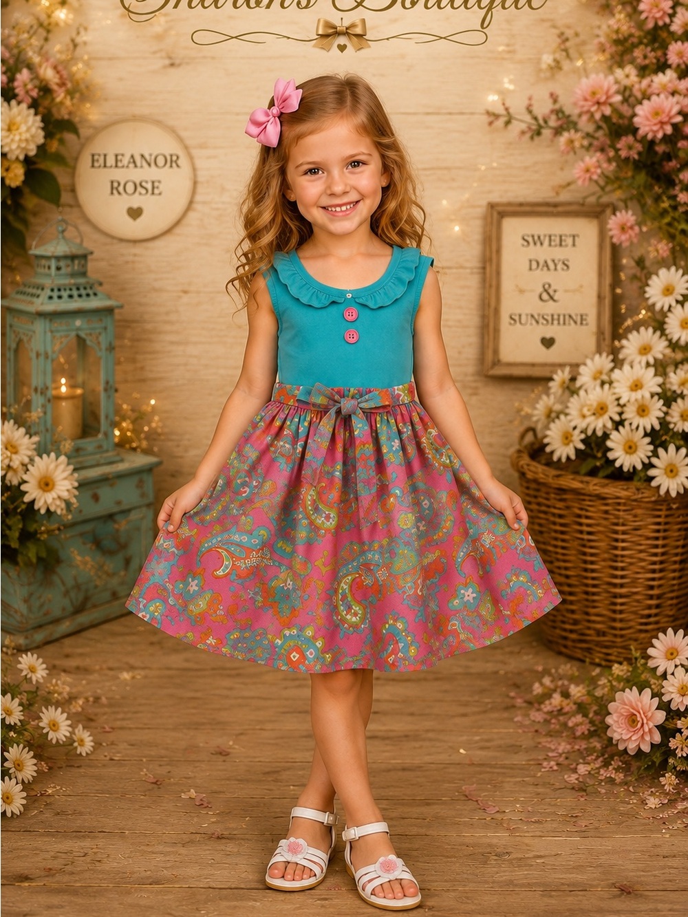 Eleanor Rose Girls Dress Size 3/4 Turquoise Paisley Tie Back Boutique EUC